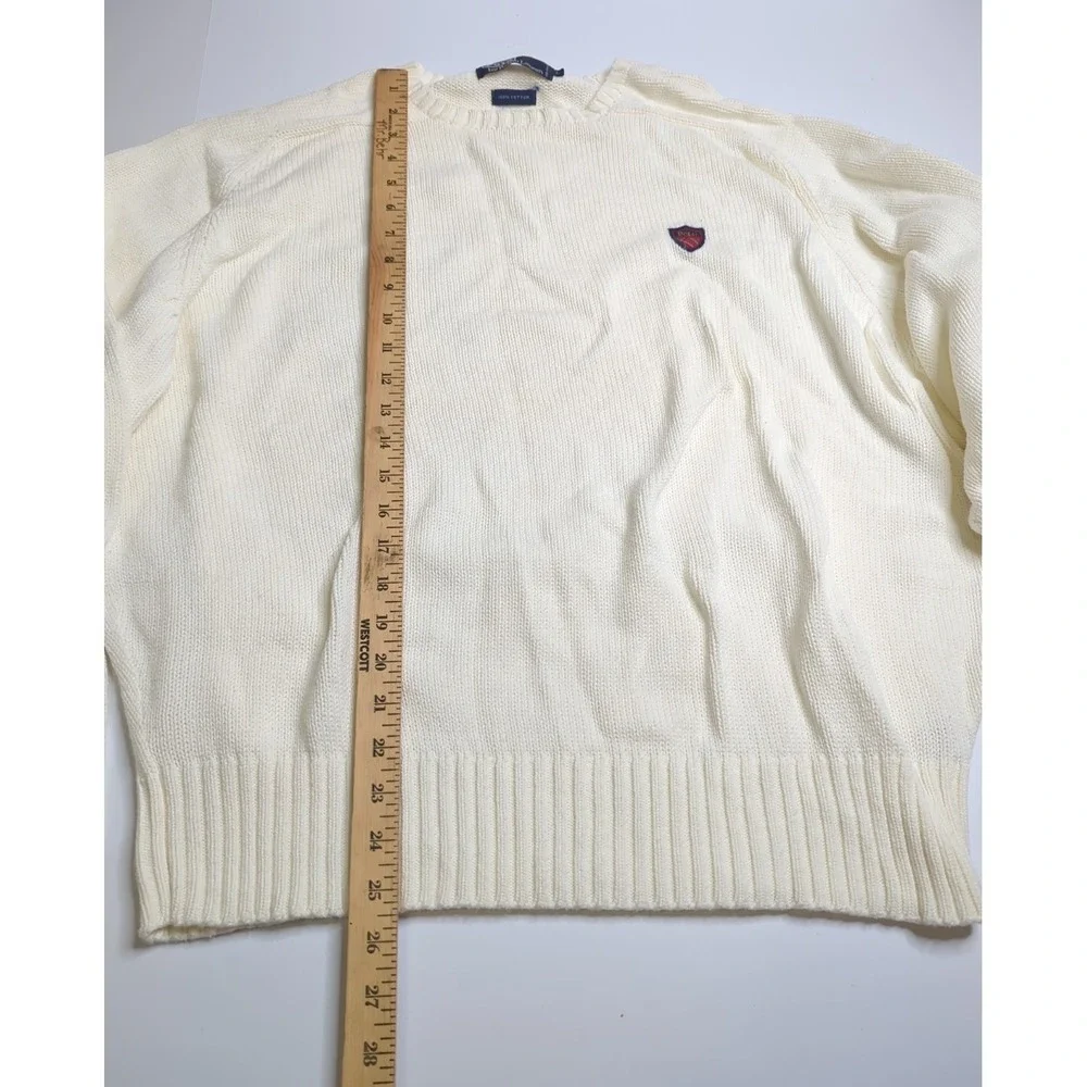 Vtg Polo Ralph Lauren Cable Knit Sweater White L Plaid Crest The Venturi 1993